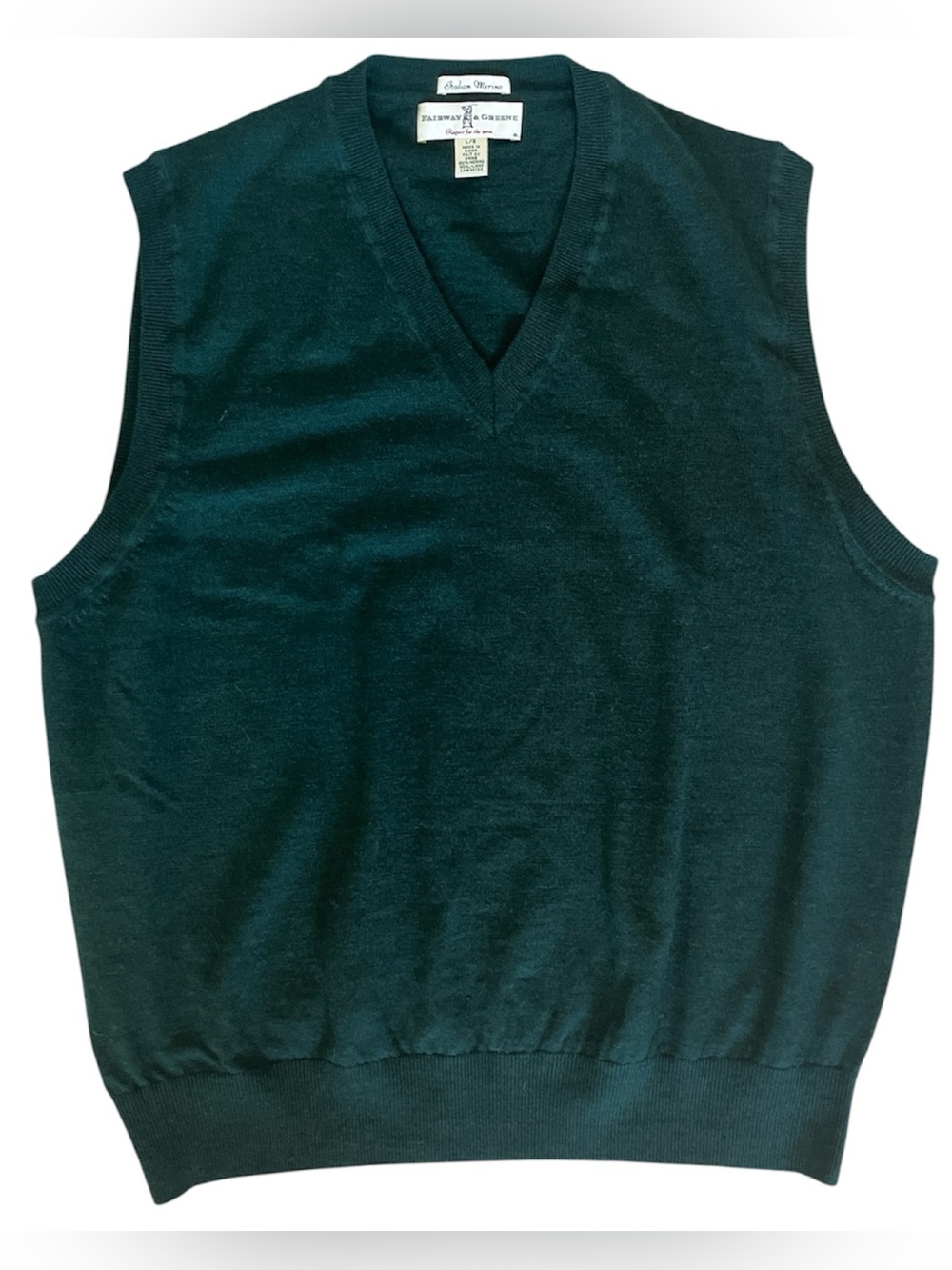 Fairway & Greene Men’s V-Neck Sweater Vest 100% Italian Merino Wool Green Size L